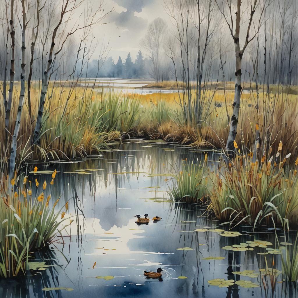 Willow Swamp with Marsh Ducks Watercolor