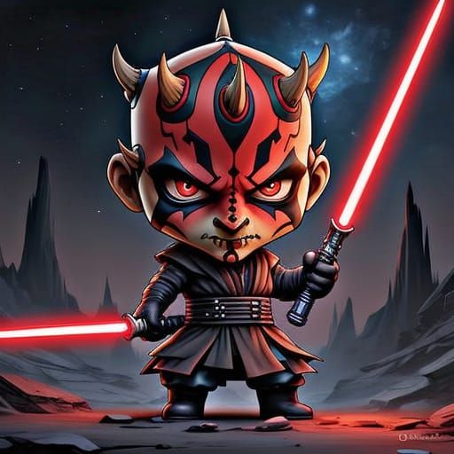 Chibi Darth Maul Wields Double-Lightsaber in Vibrant Anime S...