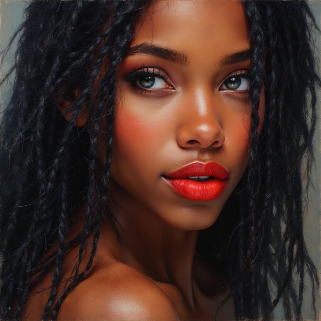 African Goddess Portrait with Blue Eyes & Red Lips