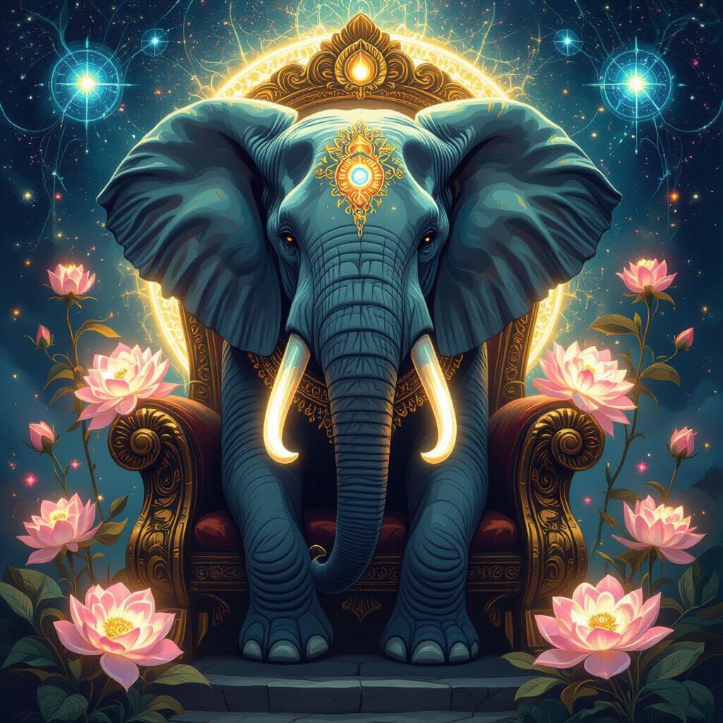 Visionary Art Elephant on Throne with Glowing Flowers