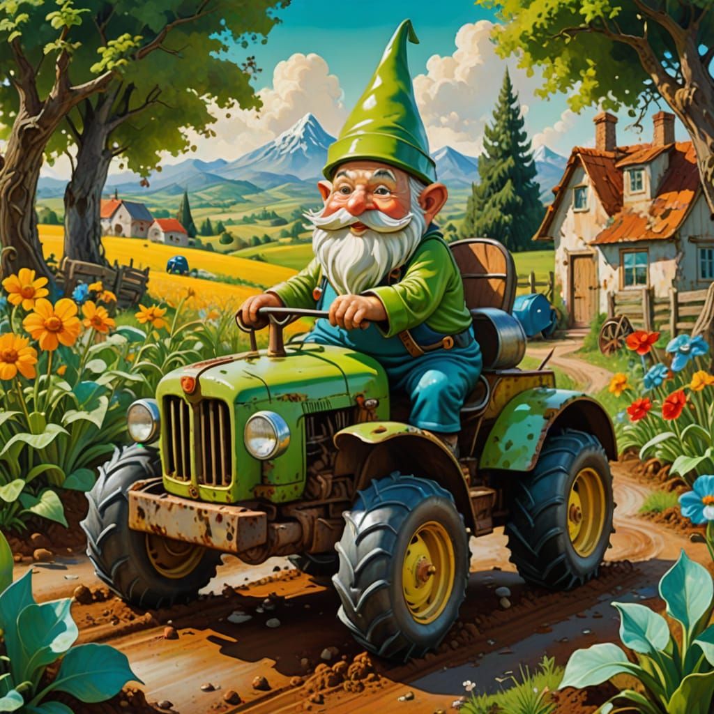 Garden Gnome Meets Rusty Tractor in Whimsical Surrealism