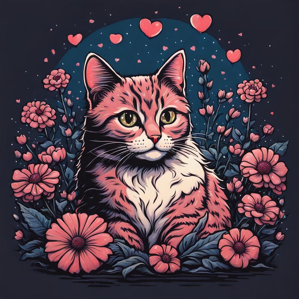 Cute Cat Surrounded by Flowers and Heart Lights