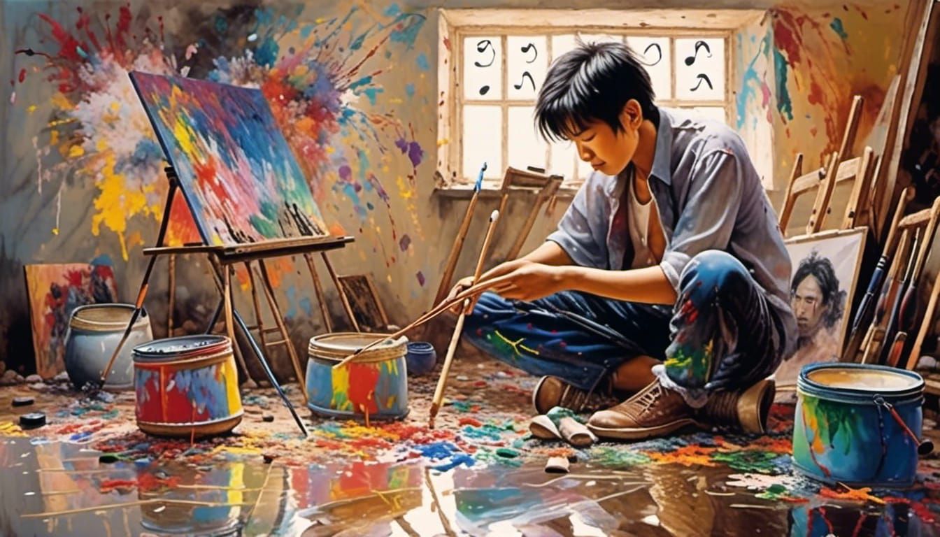 Painter's Rock Star Self-Portrait in Studio