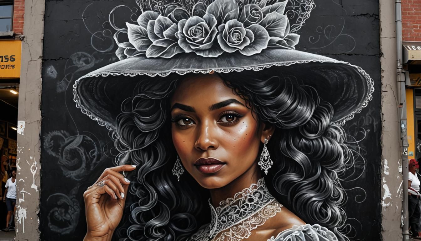 Detailed Chalk Art of Trinidadian Woman in Victorian Dress