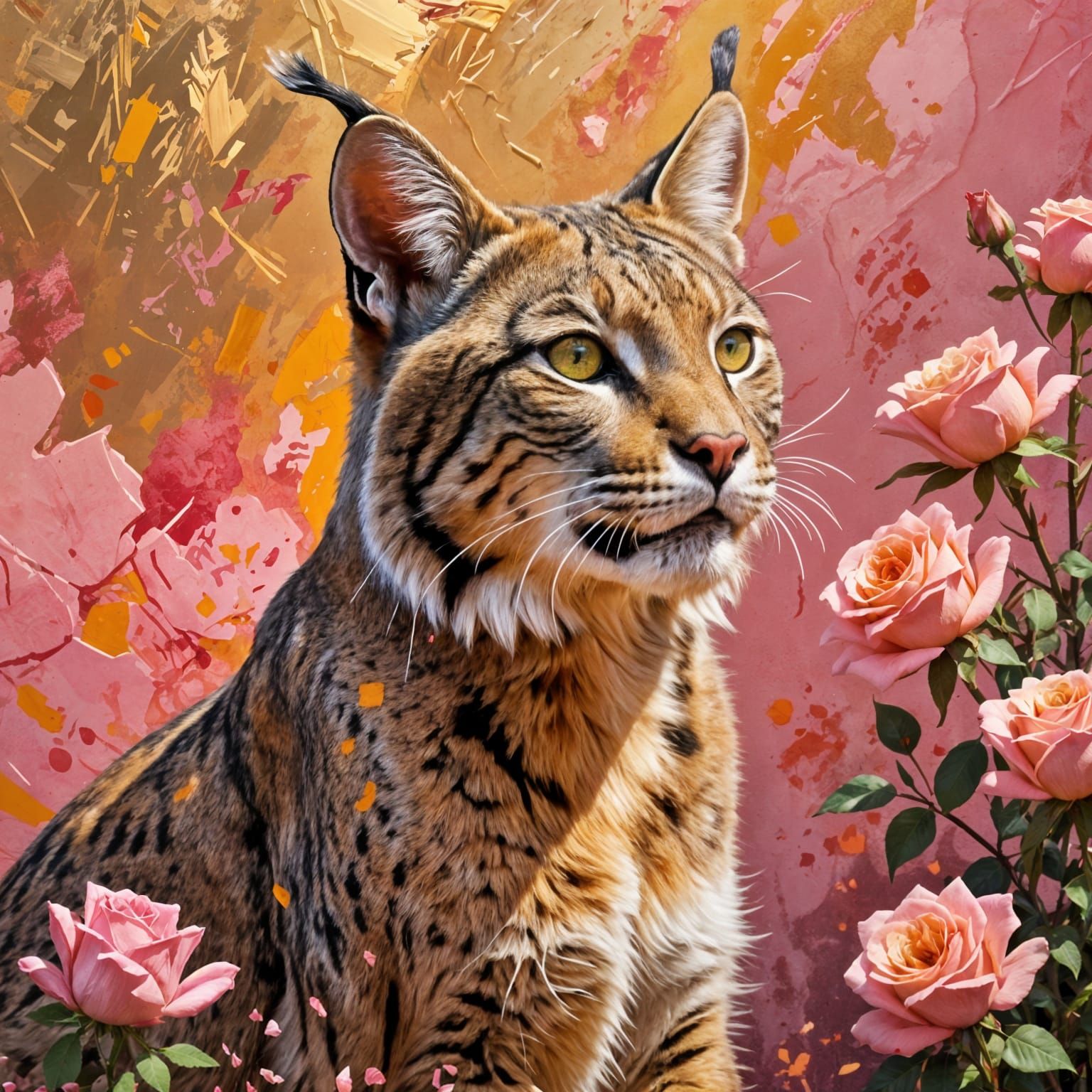 Joyful Bobcat Sculpture with Roses and Paint