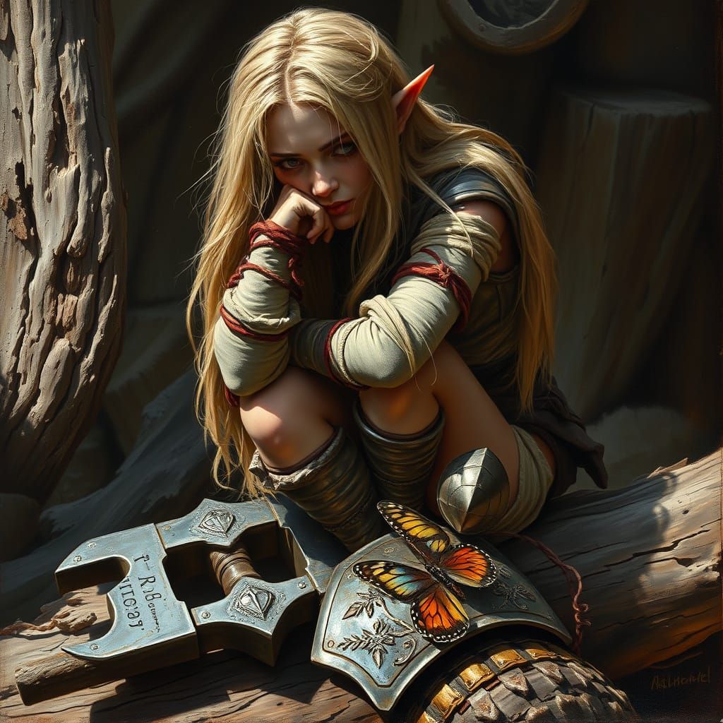 Fantasy Elf Warrior in Tenebrism Oil Painting