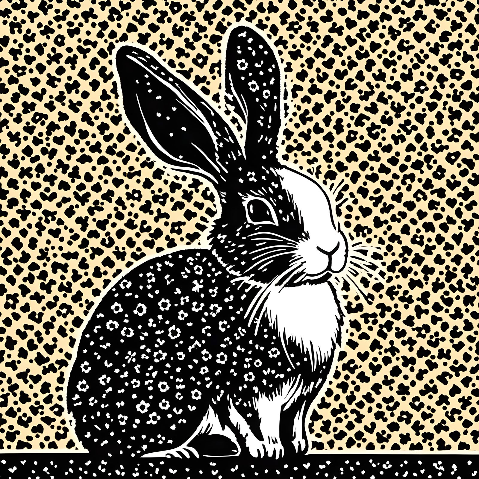 Rabbit in Linocut Style: Black and White Art
