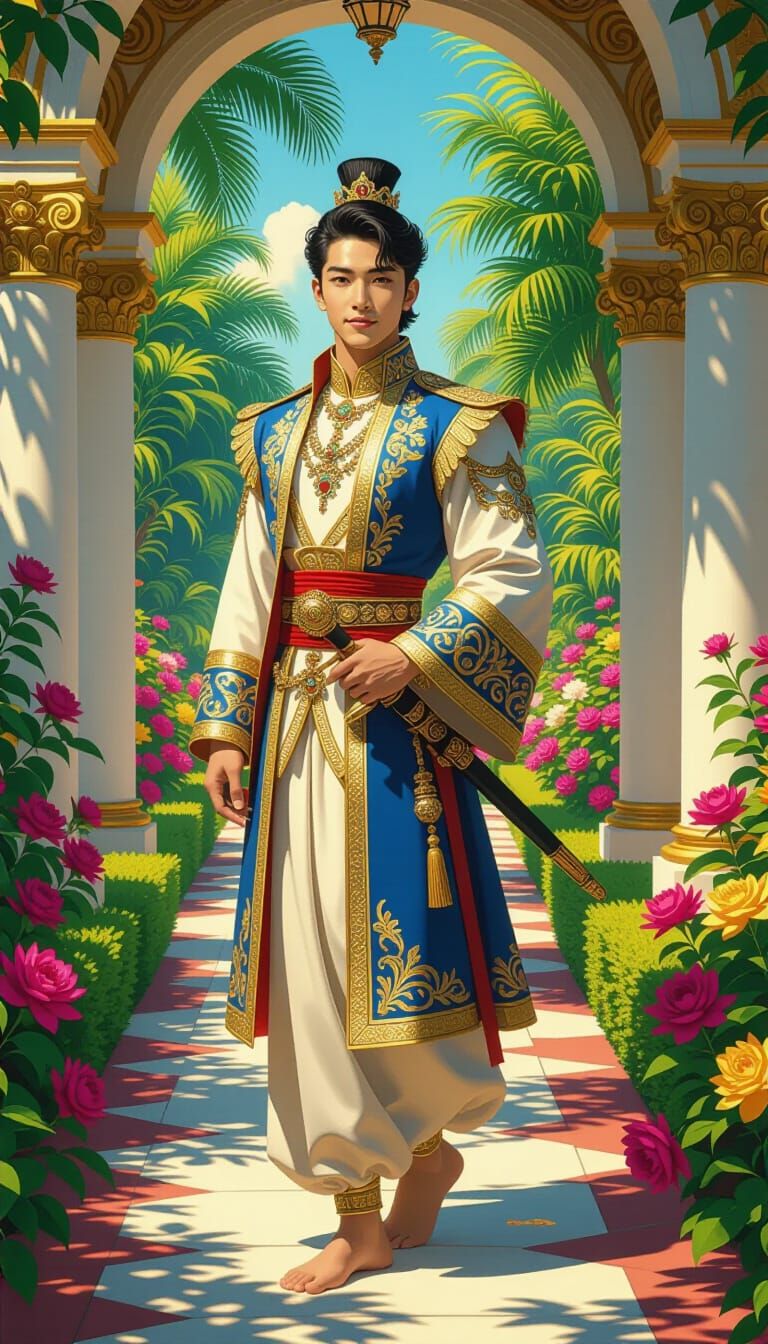 Asian Prince in Lush Garden, Impressionist Mosaic Style