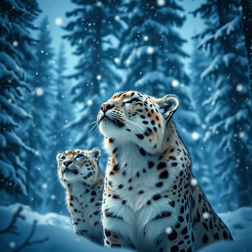 Majestic Snow Leopard in Serene Winter Wonderland