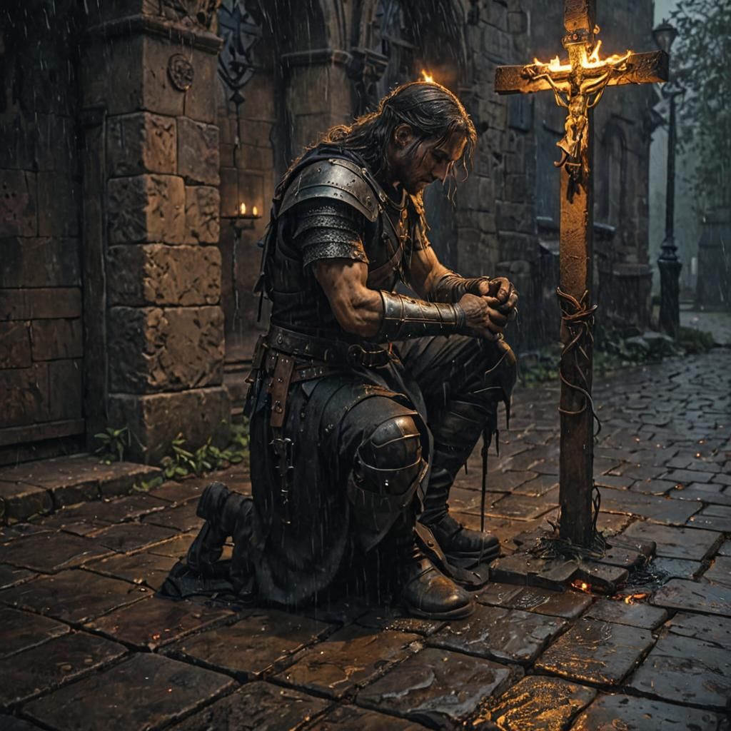 Gothic Warrior Kneeling Before Cross in Oil Painting