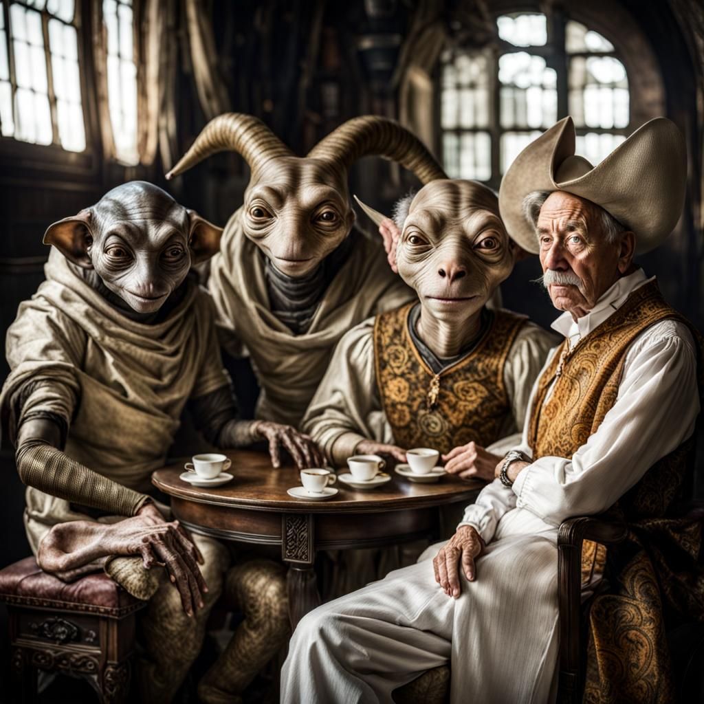 Surreal Alien Restaurant Celebration in Dreamy Light