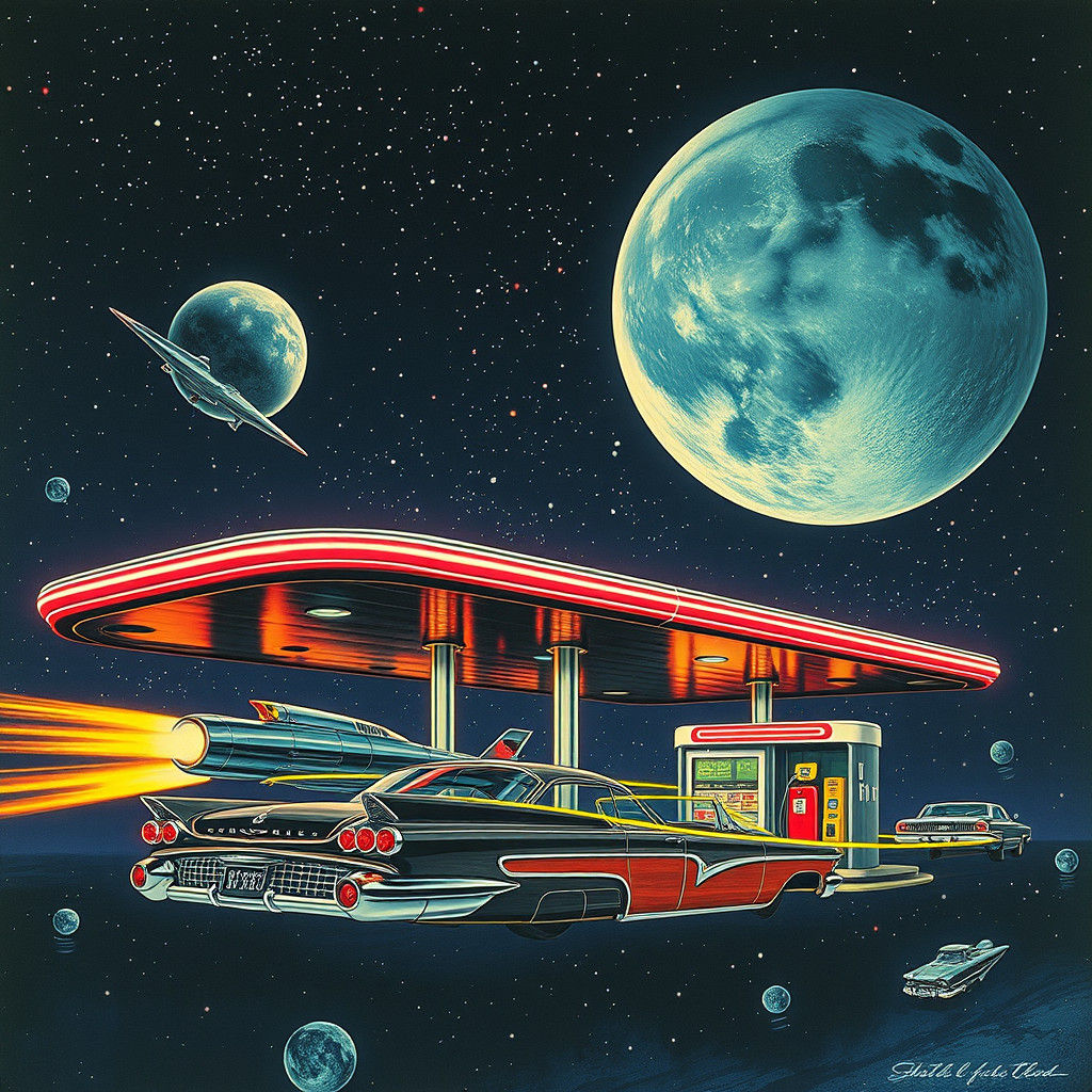 Retro-Futuristic Gas Station in Space with Neon Lights