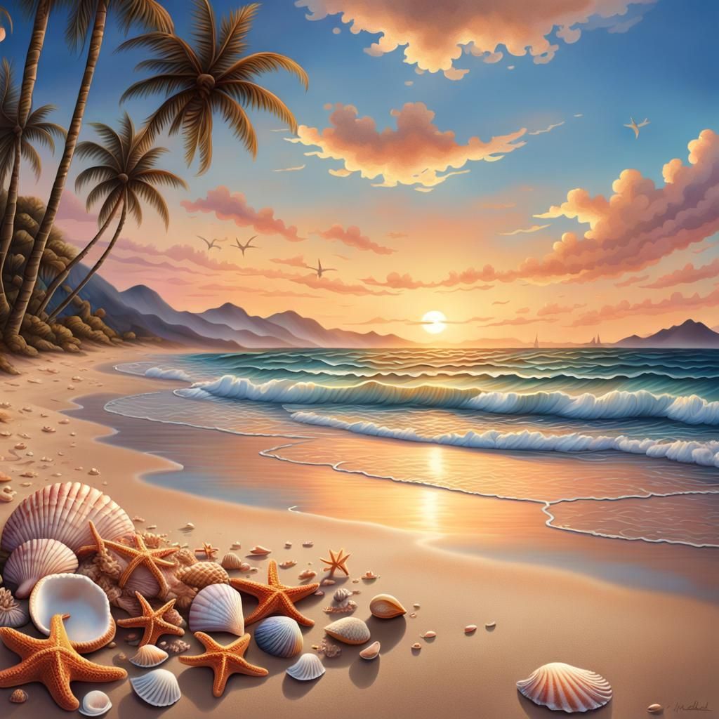 Golden Beach Sunset with Starfish, Detailed Matte Painting