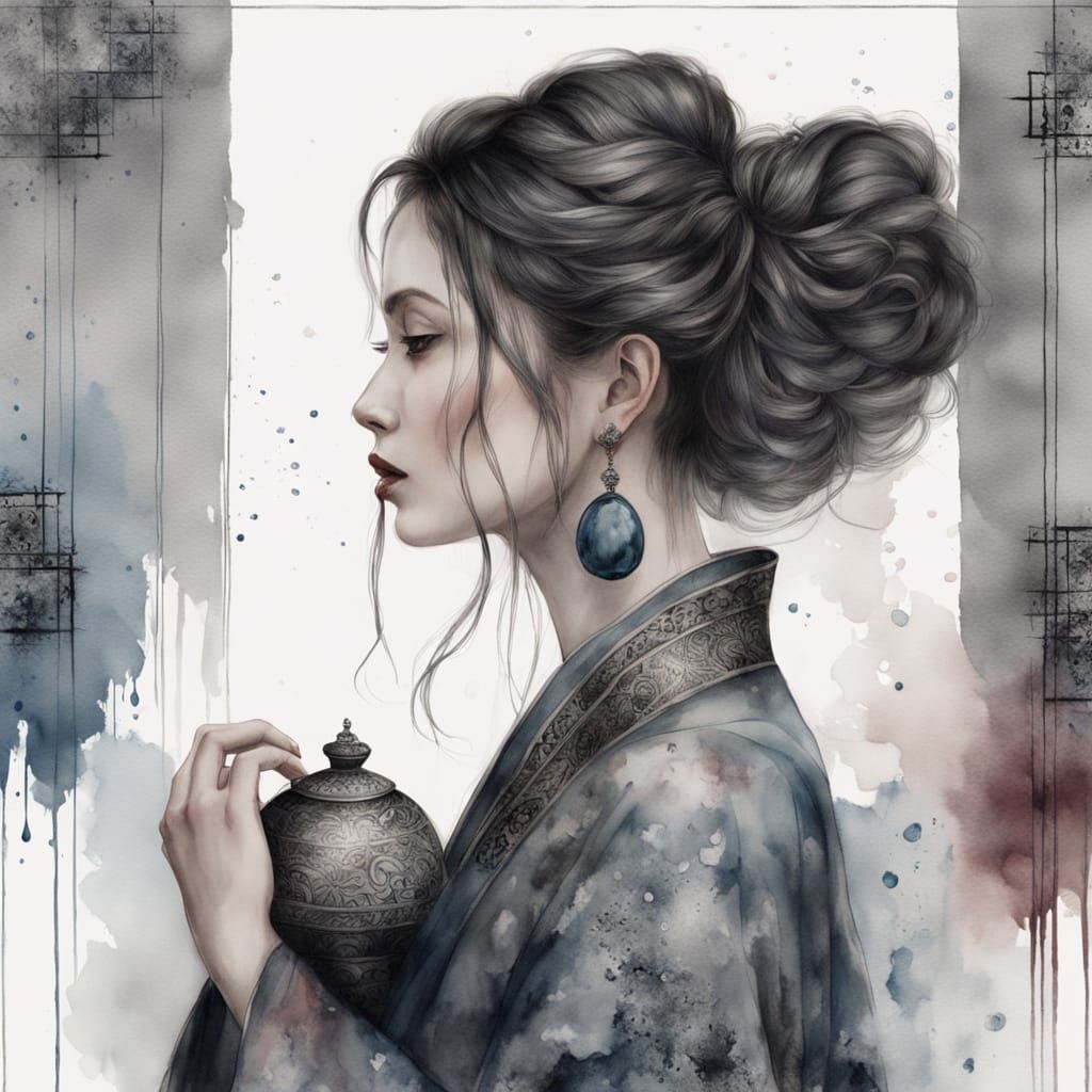 Middle-Eastern Woman in Kimono: Dreamy Watercolor Portrait