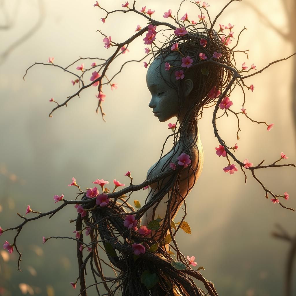Ethereal Dryad of Vines and Flowers in Digital Art