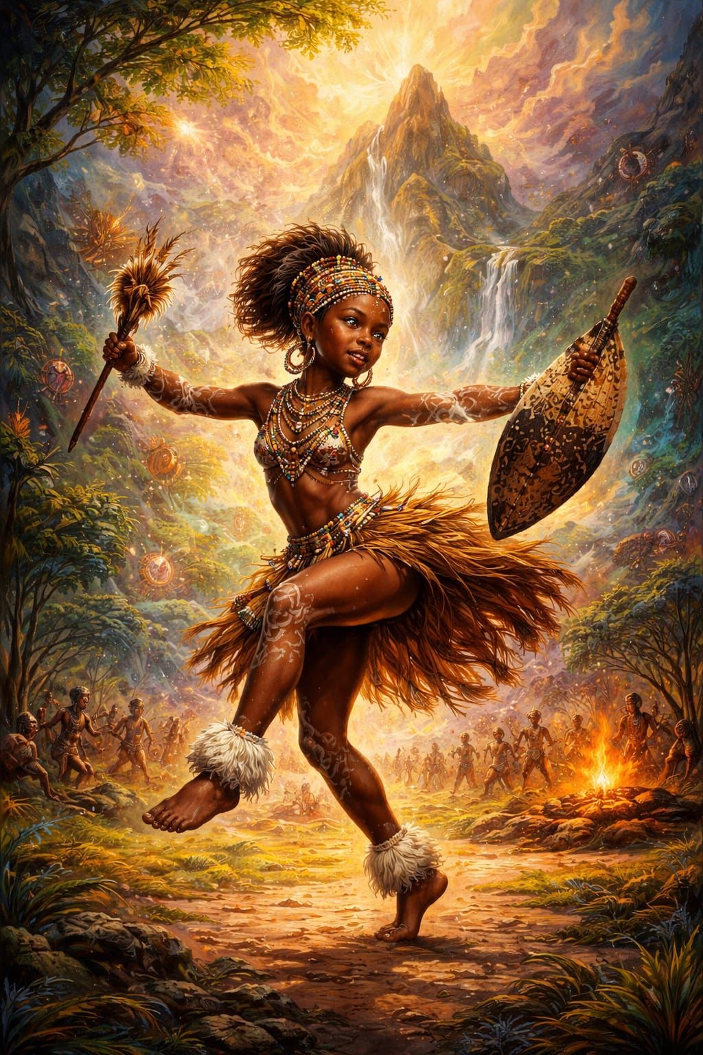 Young Zulu Dancer in Lyrical Afro-Mystical Matte Painting