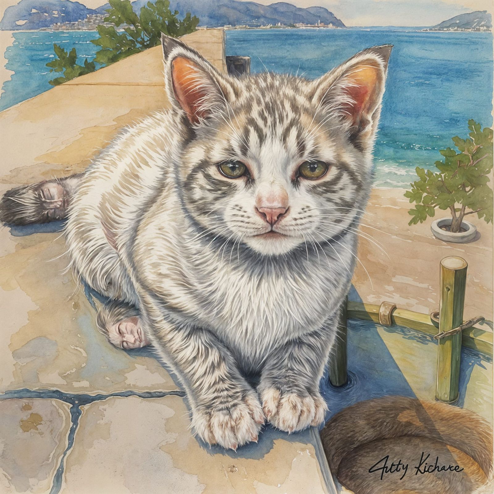 Cute Kitten Sleeps in Mediterranean Watercolour Seascape