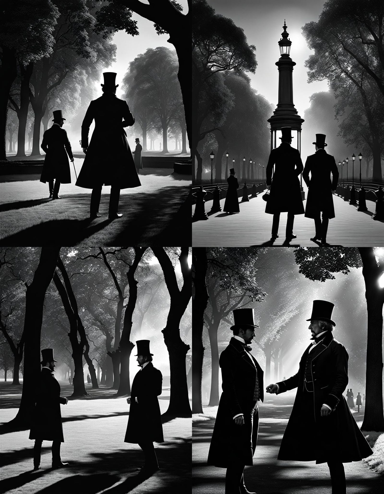 Victorian Duel in Hyde Park: Black and White Line Art