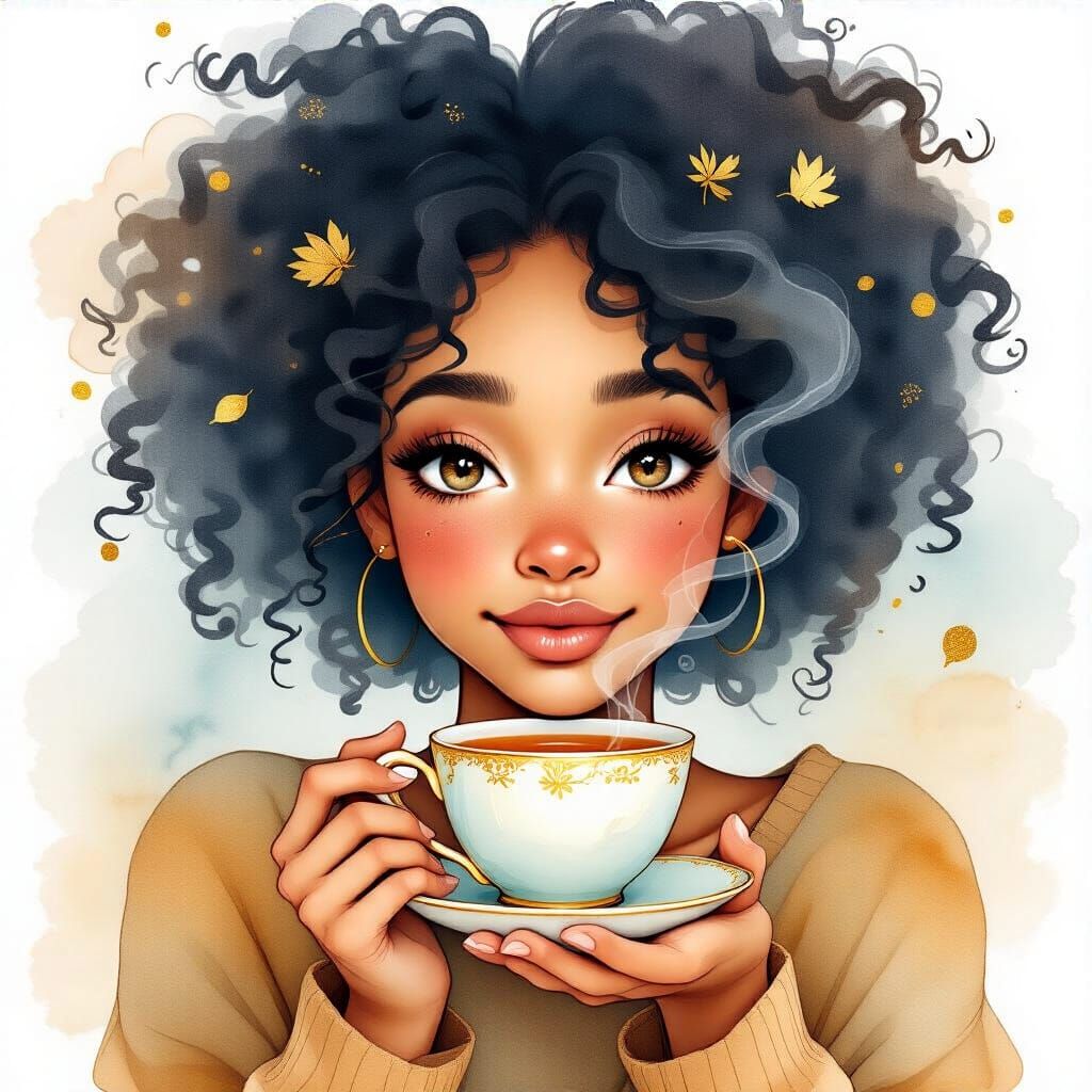 Cozy Watercolor Portrait of a Woman with Natural Curls