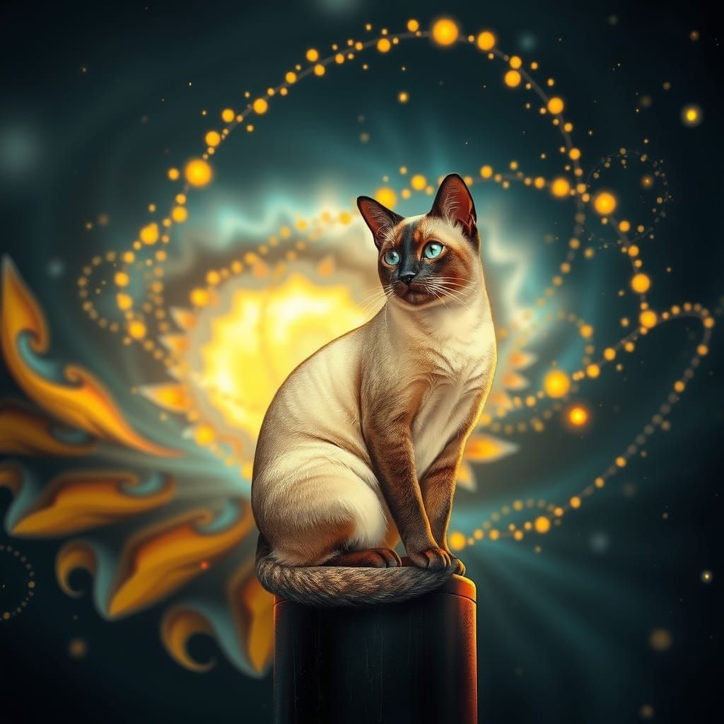 Siamese Cat Amidst Fireworks: Digital Sci-Fi Art