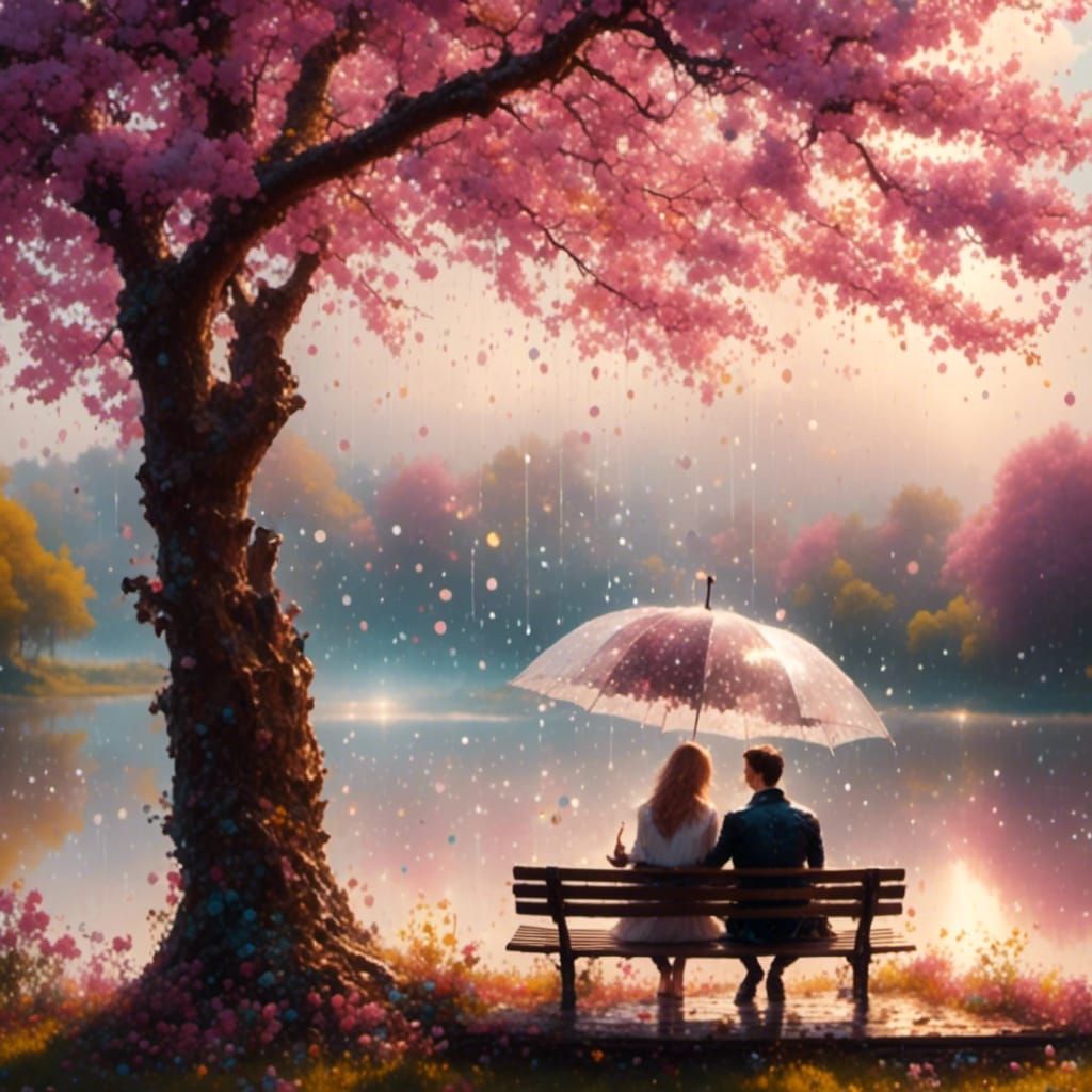 Couple Under Umbrella in Rainy Fantasy Setting
