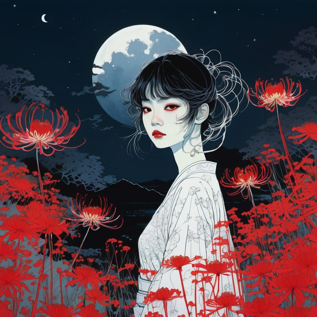 Red Spider Lily in Moonlit Japanese Garden