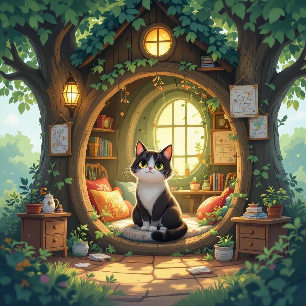Cat in Cozy Treehouse, Storybook Illustration