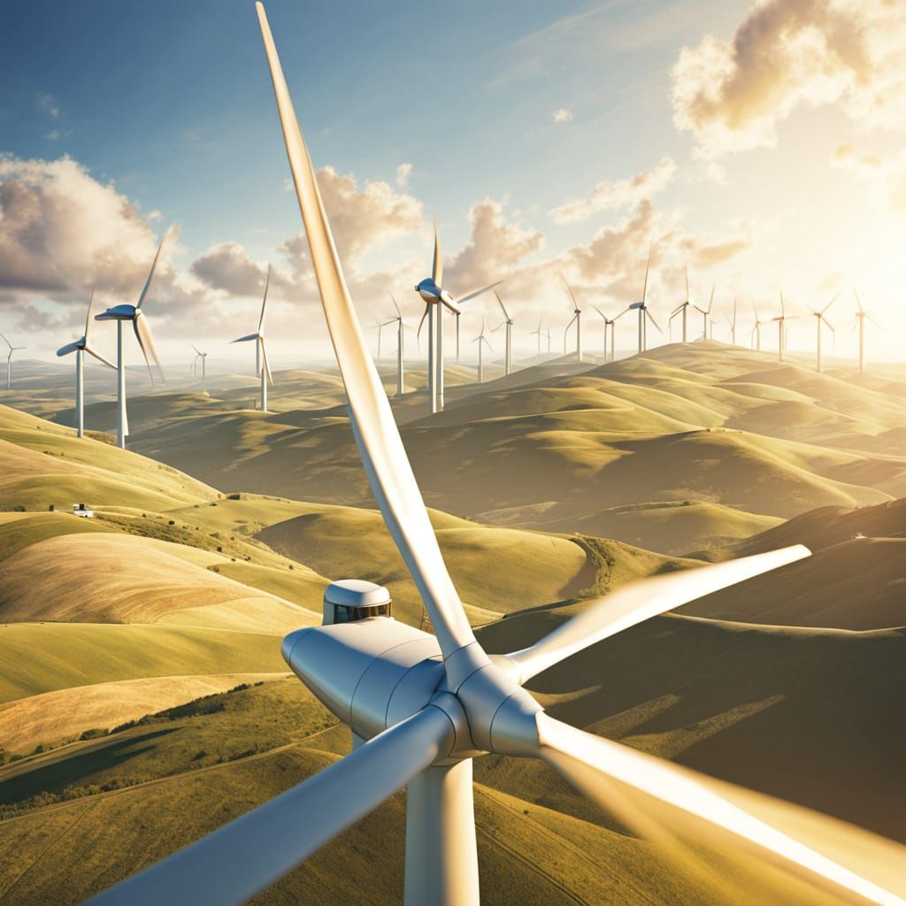 Cinematic Landscape of Wind Turbines on Rolling Hills