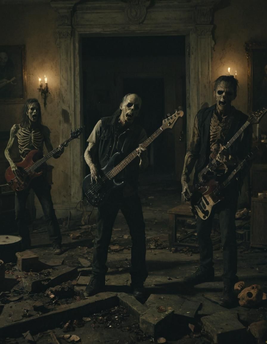Grotesque Zombies Rock Band in Mansion, Digital Art