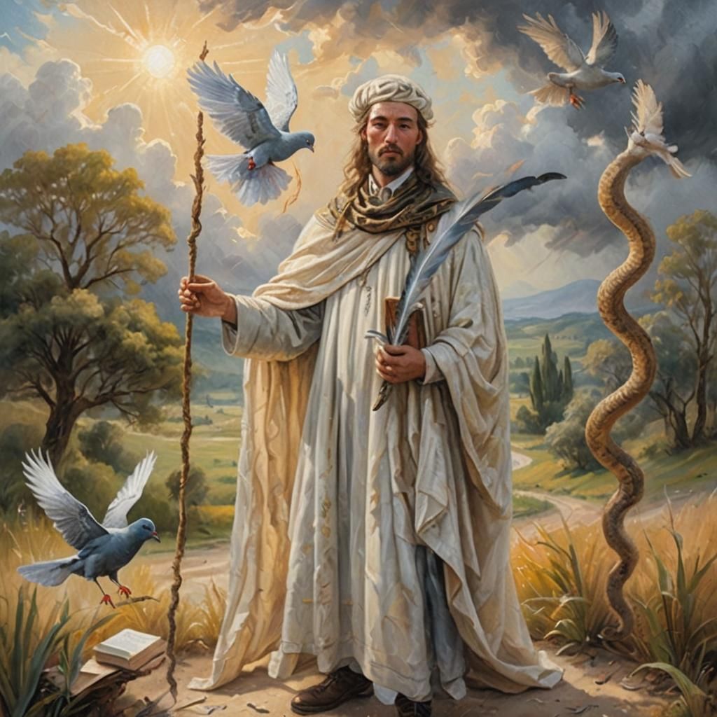 Mystic Man Feeds Snake in Soft Focus Oil Painting