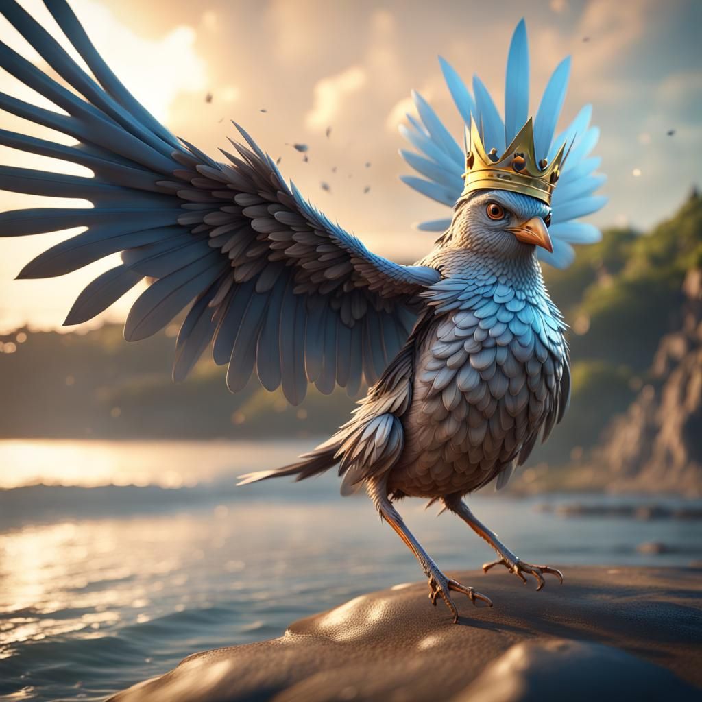 Crowned Bird with Titanium Wings in Flight