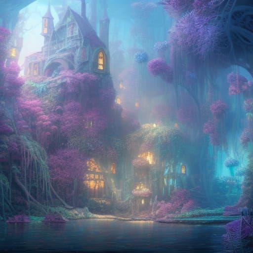 Underwater Steampunk Castle in Bioluminescent Secret Garden