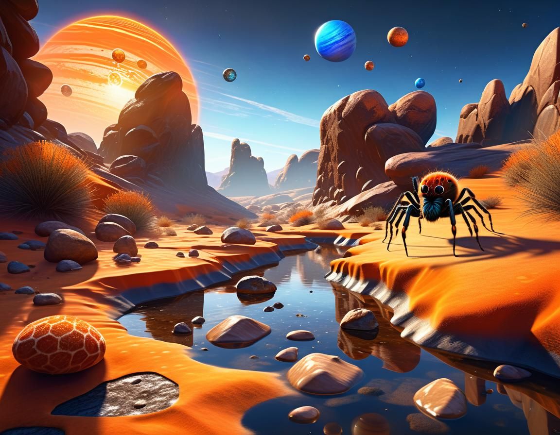 Dreamlike Desert Landscape with Dancing Spiders