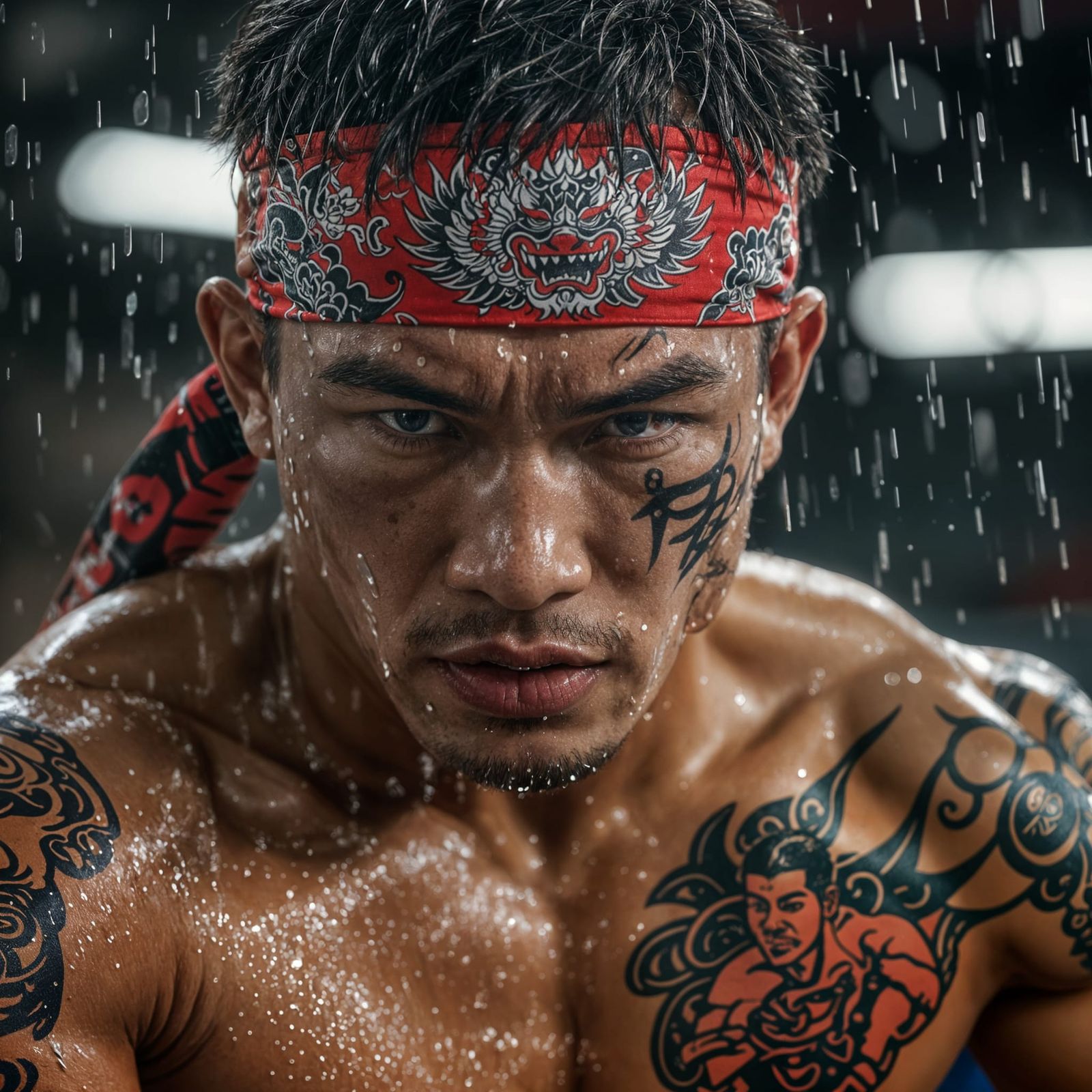 Close-Up of Muay Thai Fighter's Intense Face in Hyperrealist...