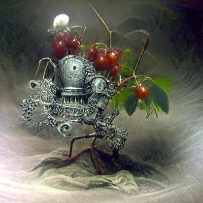Silver Cherry-Picking Robot in Steampunk Horror Style