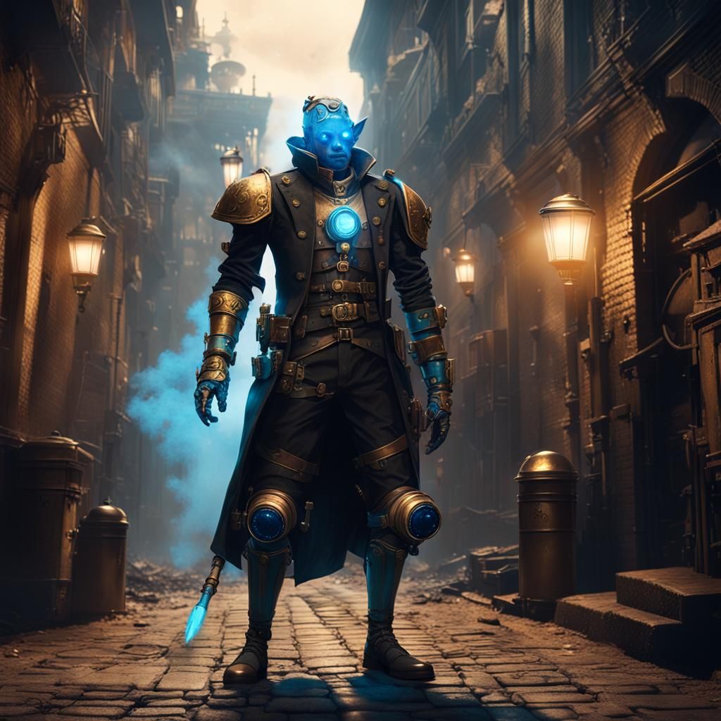 Steampunk Dark Elf Cyborg Soldier in Gritty Alleyway