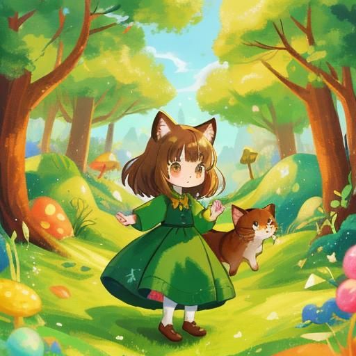 Girl with Cat Features in Candyland Gouache