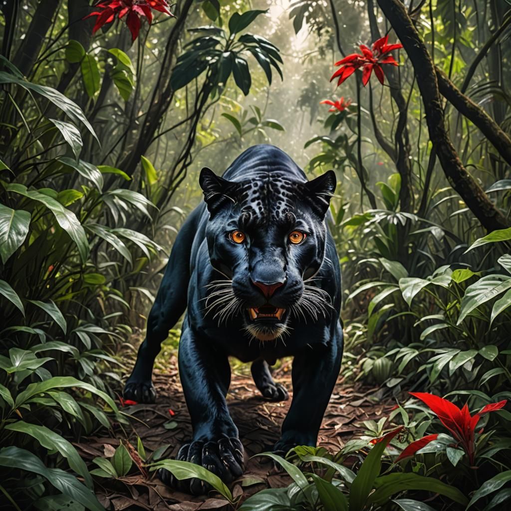 Hyperrealistic Panther with Glowing Eyes in Jungle