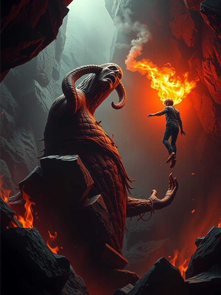 Rock Demon Torments Human in Hellscape