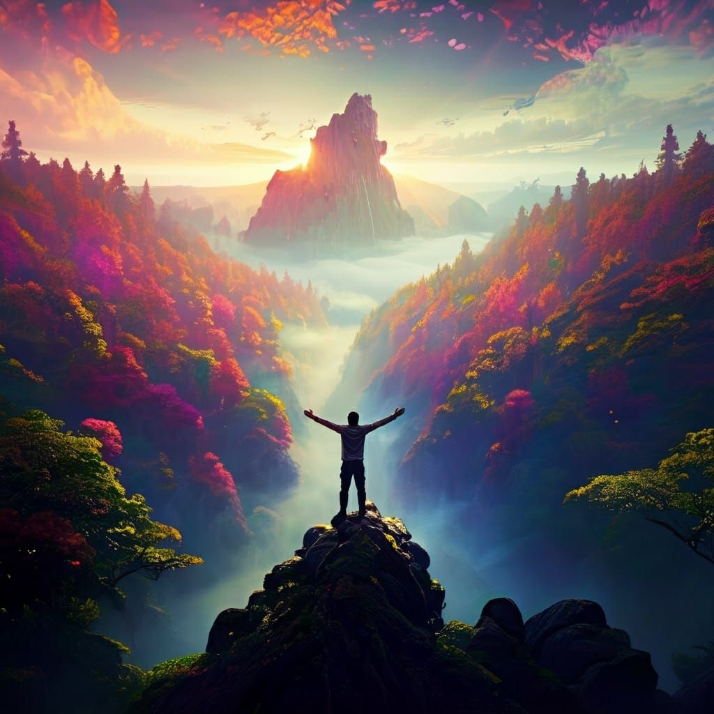 Sunrise Over Misty Mountain Forest in Matte Painting Style