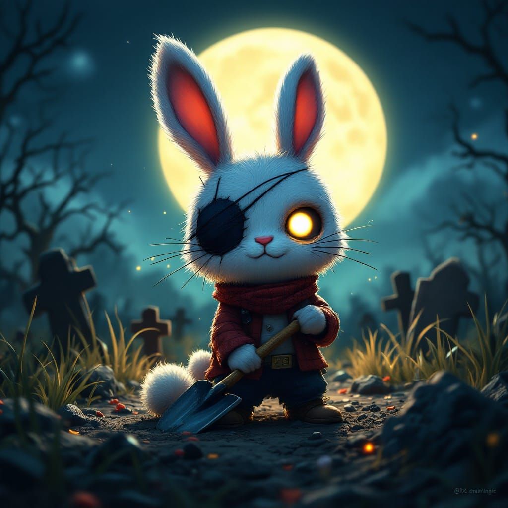 Whimsical Grave Digger Bunny under a Spooky Full Moon