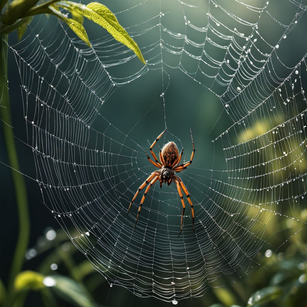 Macro Photo of Baby Spiders Crossing Dew-Kissed Web Bridge