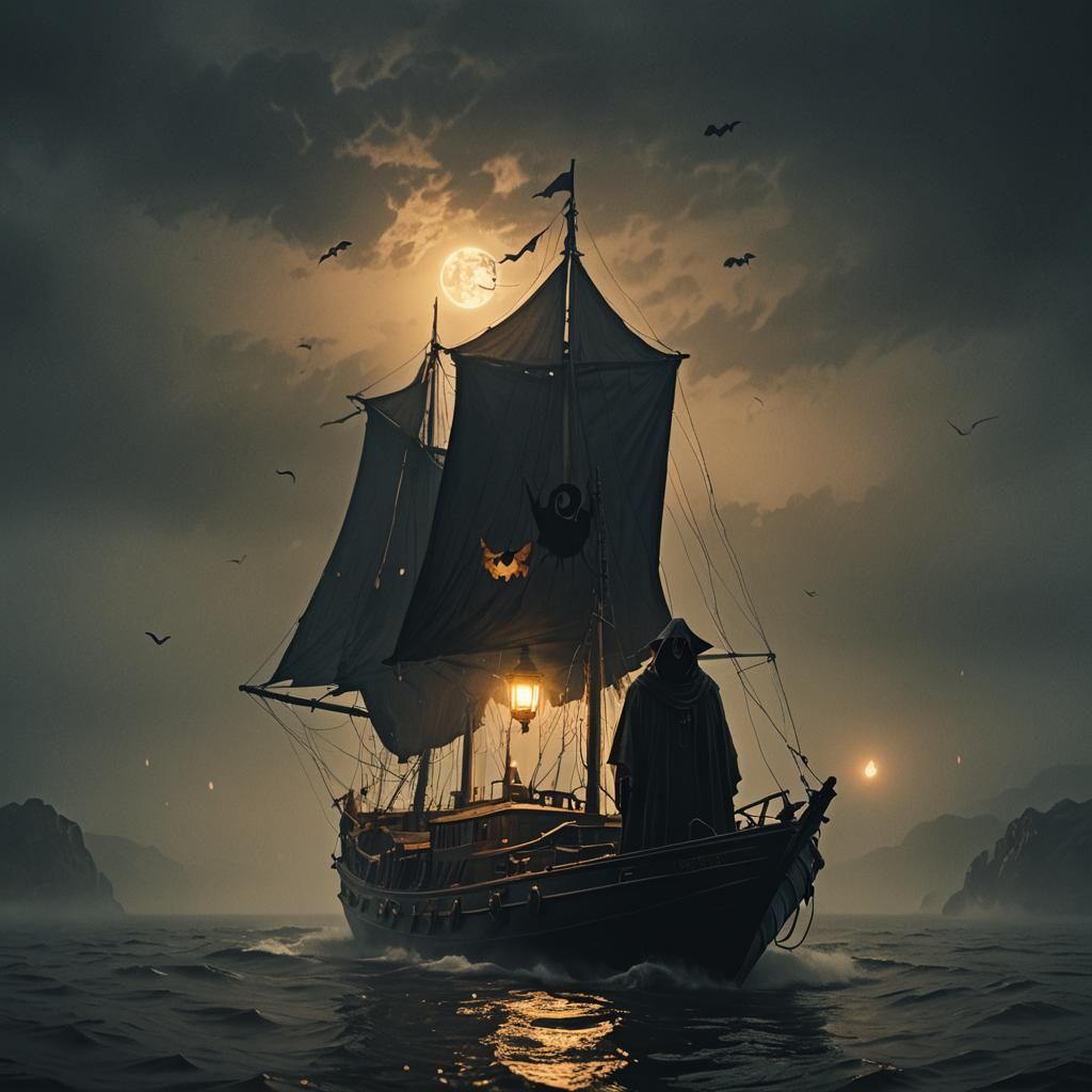 Eerie Black Ghost on Misty Sea: Dark Fantasy Art