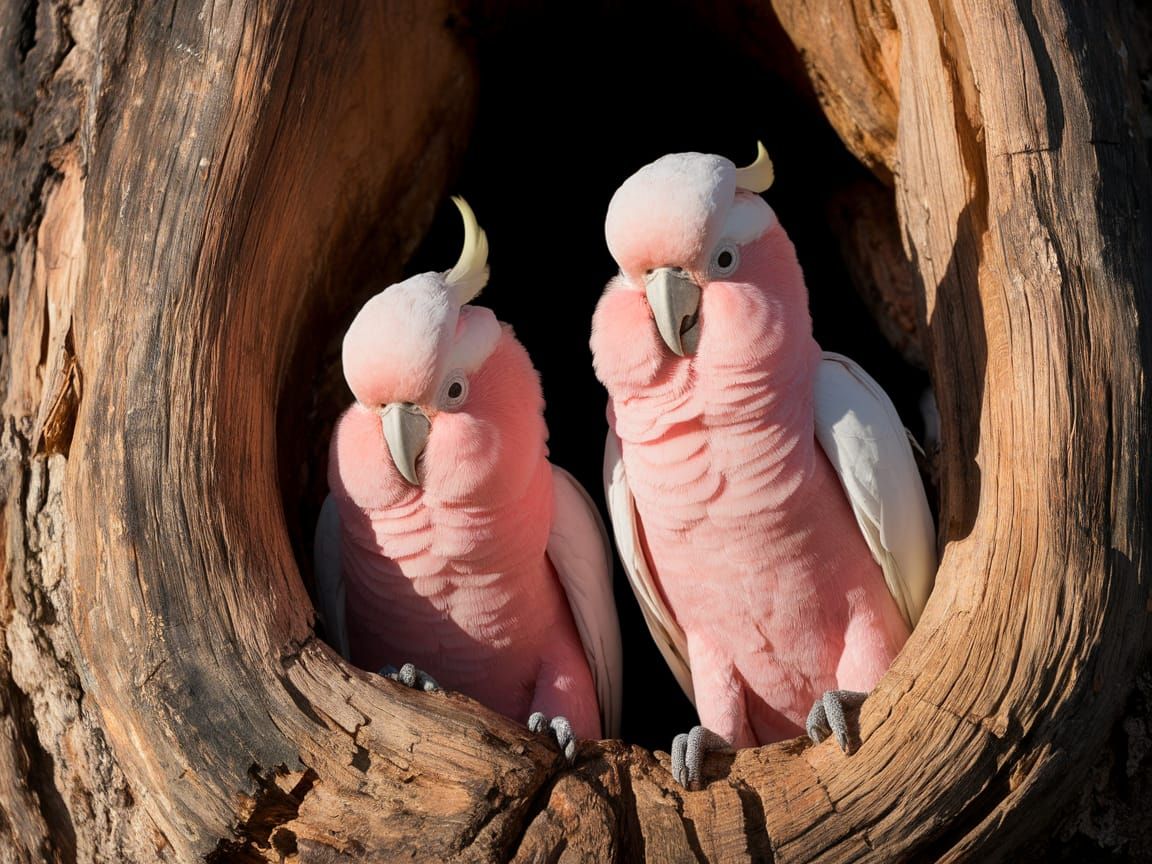 Vibrant Pink Cockatoos Perched in Ancient Tree Trunk