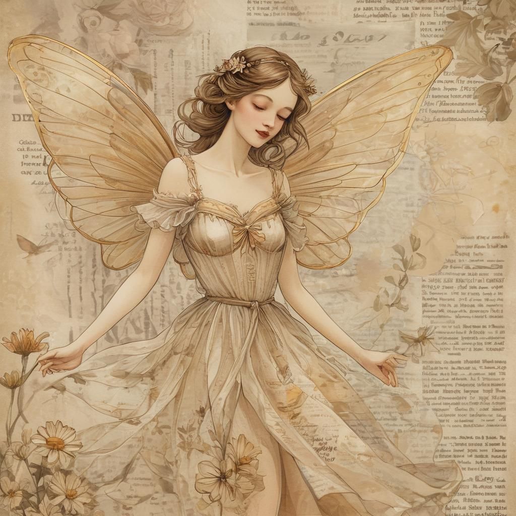Vintage Fairy on Newspaper in Art Nouveau Style