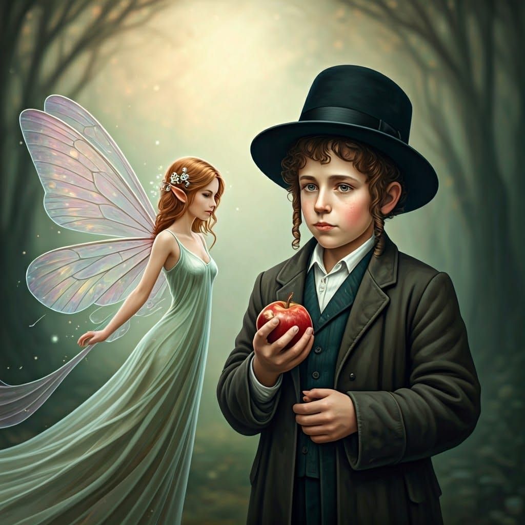 Orthodox Hasidic Boy with Whimsical Fairy in a Mystical Fore...