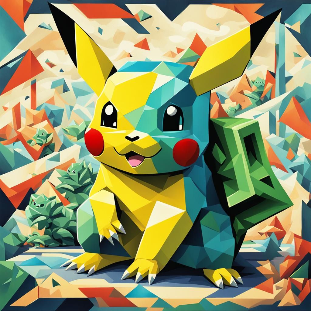 Pikachu and Bulbasaur in Cubist Art Deco Style