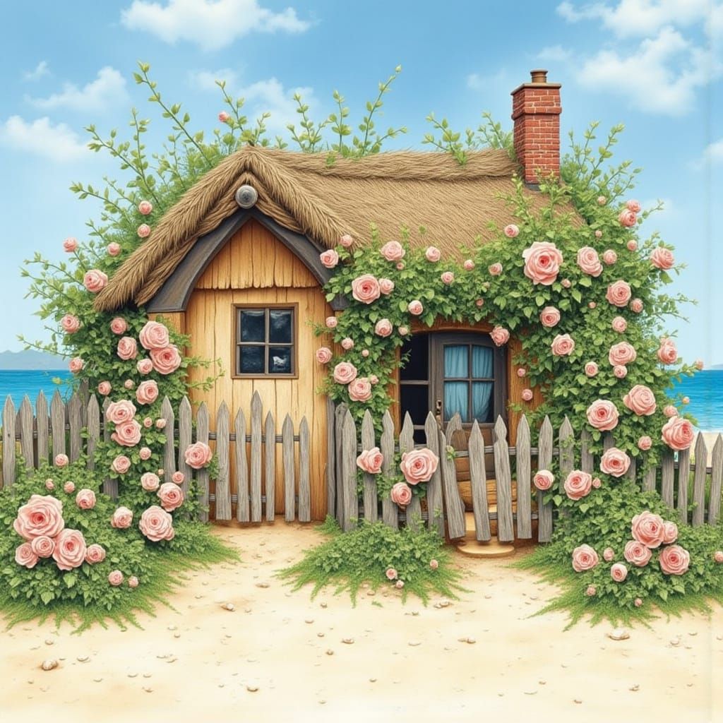Cozy Beach Cottage with Roses, Impressionistic Style