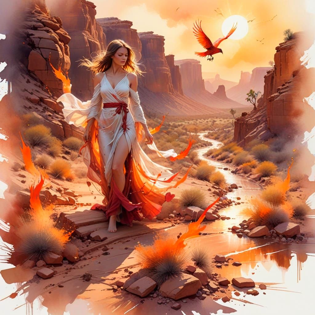 Desert Canyon at Sunset with Firebirds and Wanderer