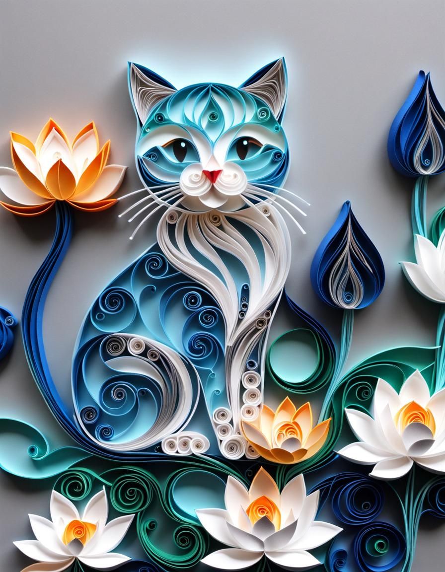 Blue Silver Cat and Lotus Flower Quilling